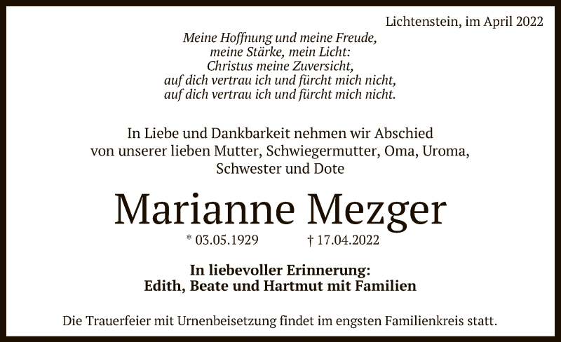  Traueranzeige für Marianne Mezger vom 23.04.2022 aus Reutlinger General-Anzeiger