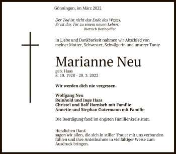 Anzeige von Marianne Neu von Reutlinger General-Anzeiger