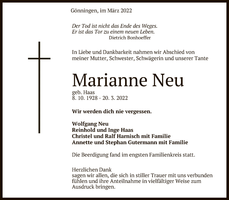  Traueranzeige für Marianne Neu vom 06.04.2022 aus Reutlinger General-Anzeiger