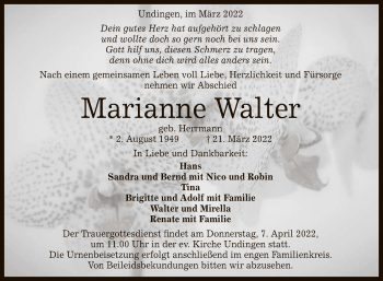 Anzeige von Marianne Walter von Reutlinger General-Anzeiger