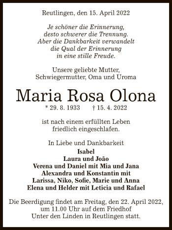Anzeige von Maria Rosa Olona von Reutlinger General-Anzeiger