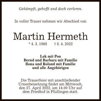 Anzeige von Martin Hermeth von Reutlinger General-Anzeiger