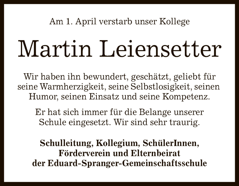  Traueranzeige für Martin Leiensetter vom 07.04.2022 aus Reutlinger General-Anzeiger