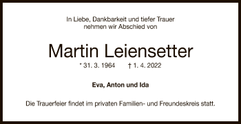 Anzeige von Martin Leiensetter von Reutlinger General-Anzeiger