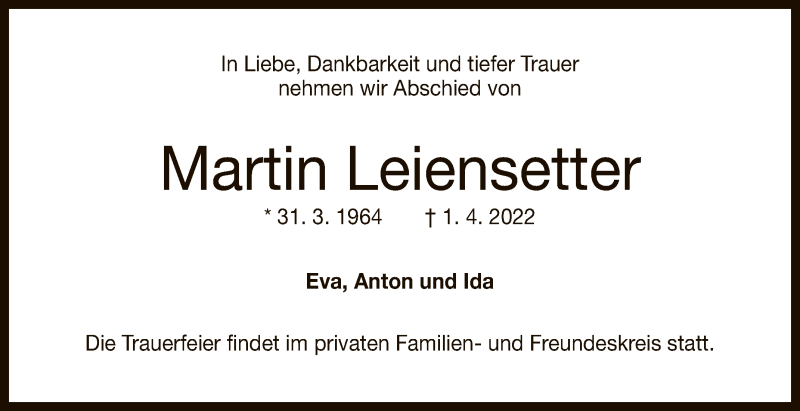  Traueranzeige für Martin Leiensetter vom 06.04.2022 aus Reutlinger General-Anzeiger