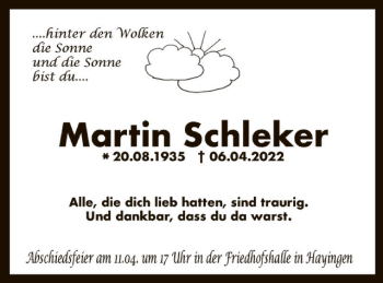 Anzeige von Martin Schleker von Reutlinger General-Anzeiger