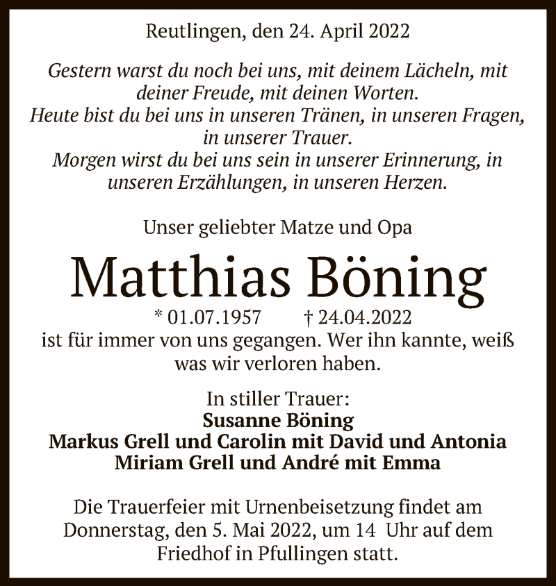  Traueranzeige für Matthias Boning vom 30.04.2022 aus Reutlinger General-Anzeiger