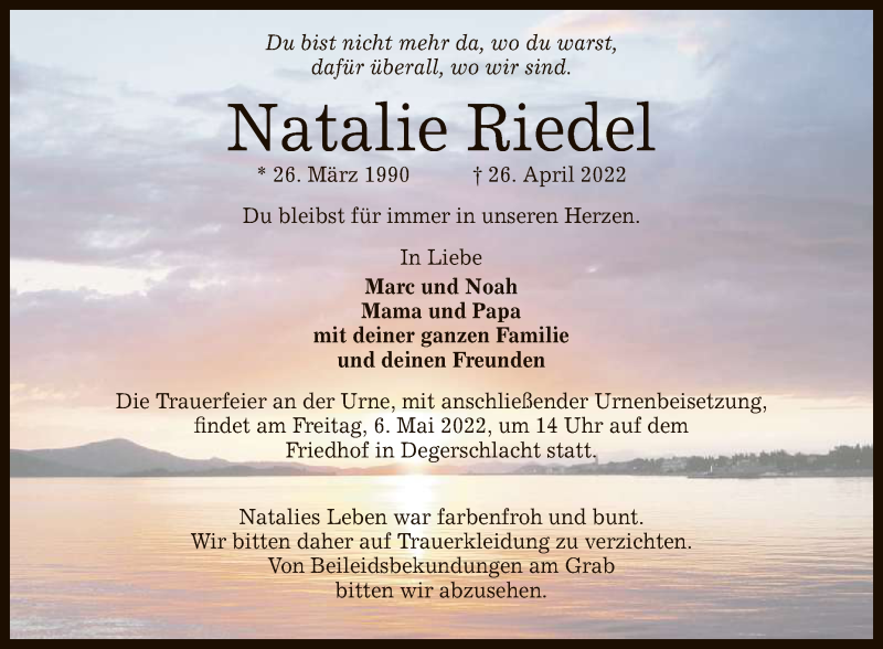  Traueranzeige für Natalie Riedel vom 30.04.2022 aus Reutlinger General-Anzeiger