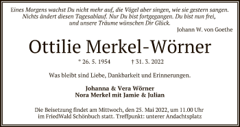 Anzeige von Ottilie Merkel-Wörner von Reutlinger General-Anzeiger