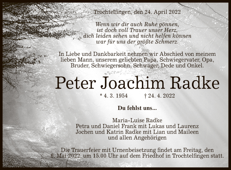  Traueranzeige für Peter Joachim Radke vom 28.04.2022 aus Reutlinger General-Anzeiger