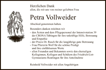 Anzeige von Petra Vollweider von Reutlinger General-Anzeiger