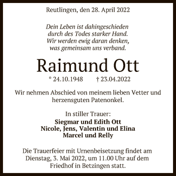 Anzeige von Raimund Ott von Reutlinger General-Anzeiger