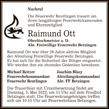 Anzeige von Raimund Ott von Reutlinger General-Anzeiger