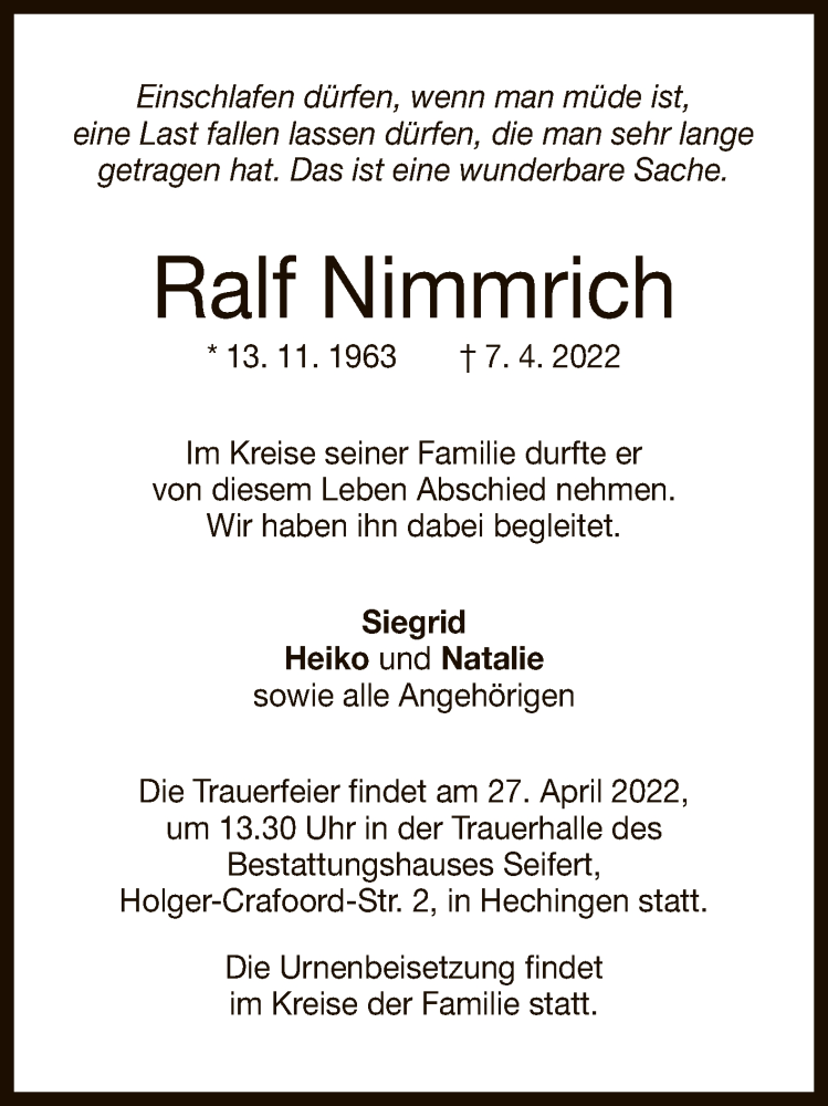  Traueranzeige für Ralf Nimmrich vom 23.04.2022 aus Reutlinger General-Anzeiger