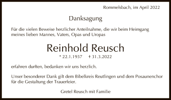 Anzeige von Reinhold Reusch von Reutlinger General-Anzeiger