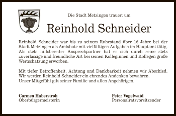 Anzeige von Reinhold Schneider von Reutlinger General-Anzeiger