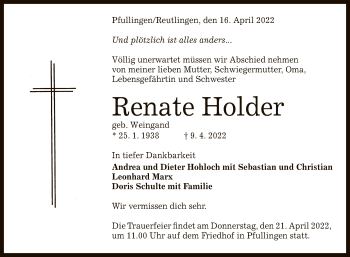 Anzeige von Renate Holder von Reutlinger General-Anzeiger