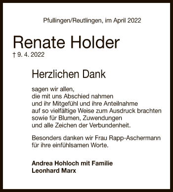 Anzeige von Renate Holder von Reutlinger General-Anzeiger