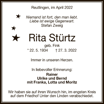 Anzeige von Rita Stürtz von Reutlinger General-Anzeiger