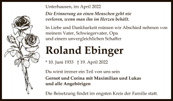 Anzeige von Roland Ebinger von Reutlinger General-Anzeiger