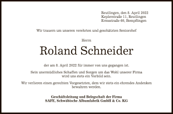 Anzeige von Roland Schneider von Reutlinger General-Anzeiger