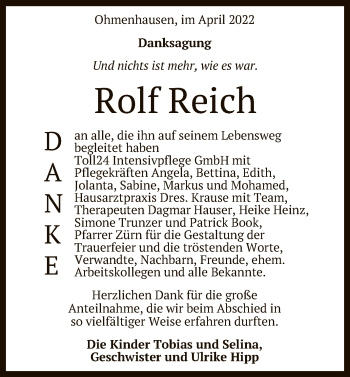 Anzeige von Rolf Reich von Reutlinger General-Anzeiger