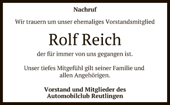 Anzeige von Rolf Reich von Reutlinger General-Anzeiger