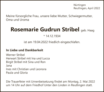 Anzeige von Rosemarie Gudrun Stribel von Reutlinger General-Anzeiger