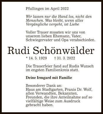 Anzeige von Rudi Schönwälder von Reutlinger General-Anzeiger