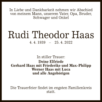 Anzeige von Rudi Theodor Haas von Reutlinger General-Anzeiger