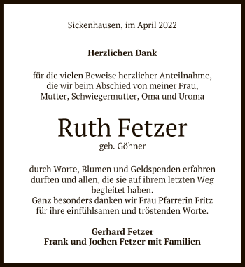 Anzeige von Ruth Fetzer von Reutlinger General-Anzeiger