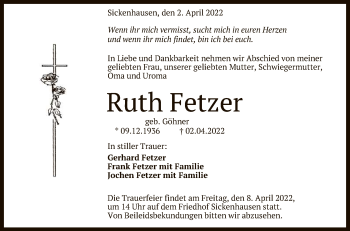 Anzeige von Ruth Fetzer von Reutlinger General-Anzeiger