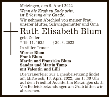 Anzeige von Ruth Elisabeth Blum von Reutlinger General-Anzeiger
