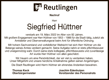 Anzeige von Siegfried Hüttner von Reutlinger General-Anzeiger