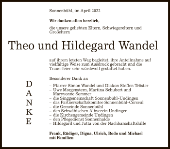 Anzeige von Theo und Hildegard Wandel von Reutlinger General-Anzeiger