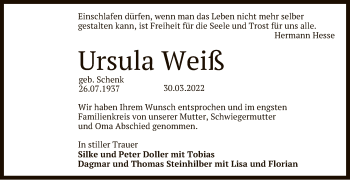 Anzeige von Ursula Weiß von Reutlinger General-Anzeiger