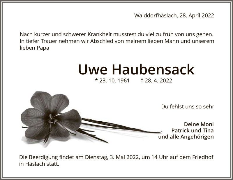  Traueranzeige für Uwe Haubensack vom 30.04.2022 aus Reutlinger General-Anzeiger