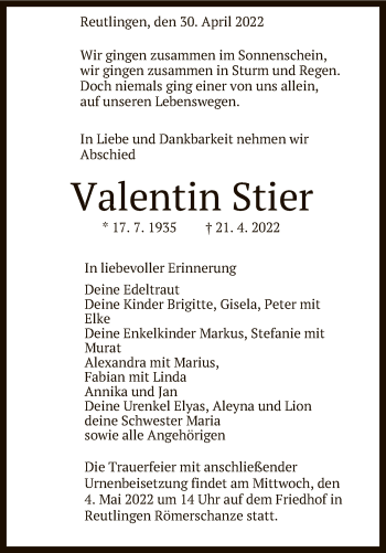 Anzeige von Valentin Stier von Reutlinger General-Anzeiger