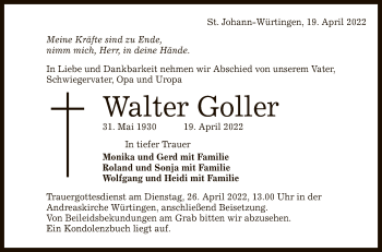 Anzeige von Walter Goller von Reutlinger General-Anzeiger