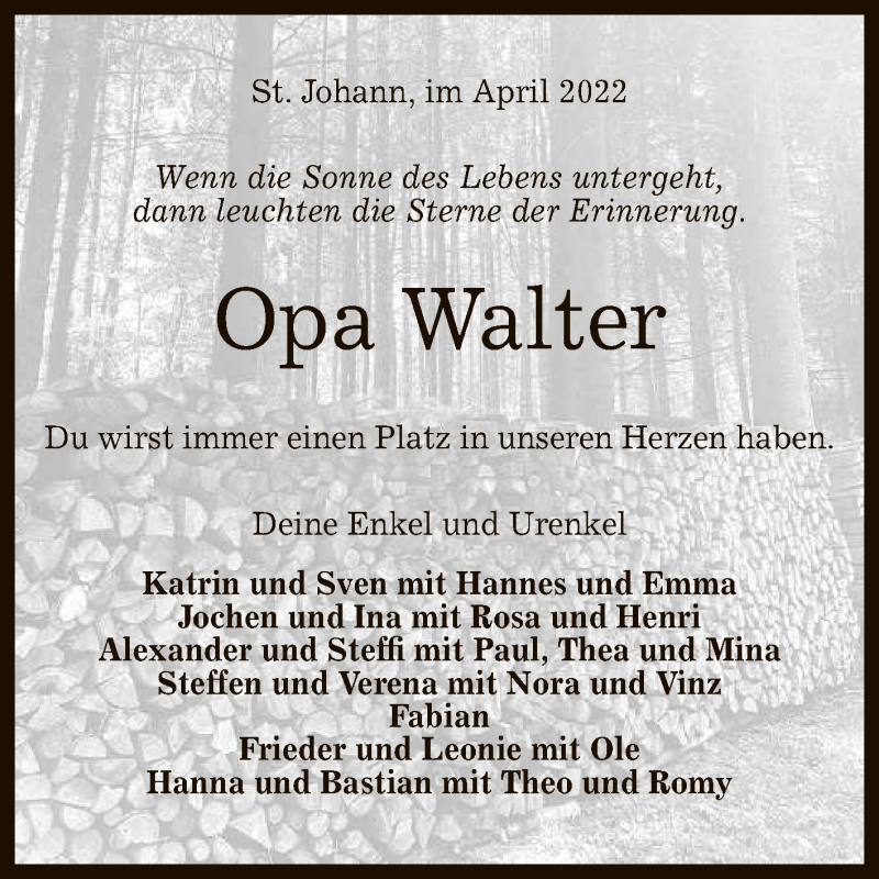  Traueranzeige für Walter Goller vom 23.04.2022 aus Reutlinger General-Anzeiger