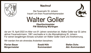 Anzeige von Walter Goller von Reutlinger General-Anzeiger