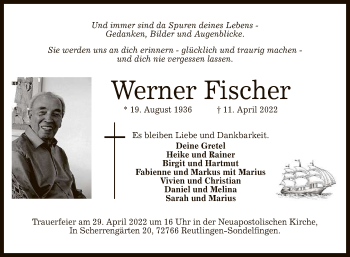 Anzeige von Werner Fischer von Reutlinger General-Anzeiger
