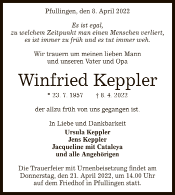 Anzeige von Winfried Keppler von Reutlinger General-Anzeiger