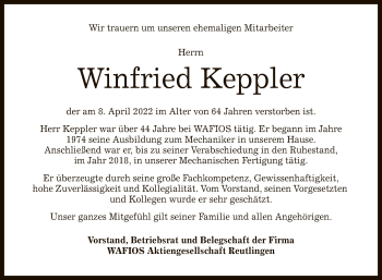 Anzeige von Winfried Keppler von Reutlinger General-Anzeiger