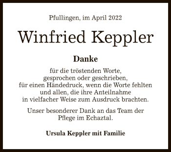 Anzeige von Winfried Keppler von Reutlinger General-Anzeiger