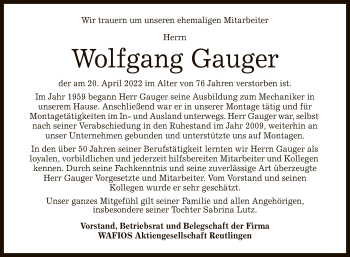 Anzeige von Wolfgang Gauger von Reutlinger General-Anzeiger