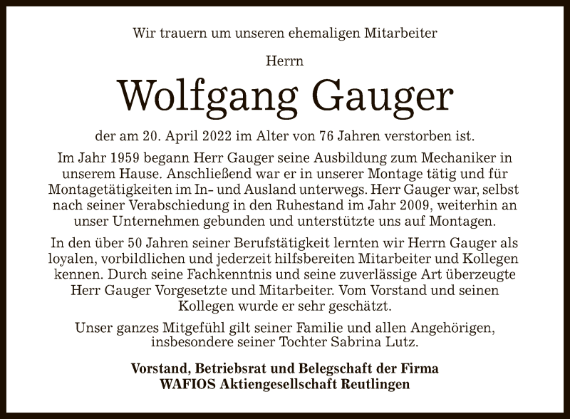  Traueranzeige für Wolfgang Gauger vom 29.04.2022 aus Reutlinger General-Anzeiger