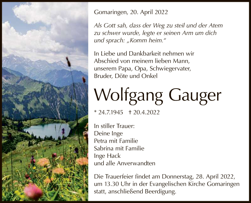  Traueranzeige für Wolfgang Gauger vom 26.04.2022 aus Reutlinger General-Anzeiger