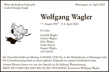 Anzeige von Wolfgang Wagler von Reutlinger General-Anzeiger