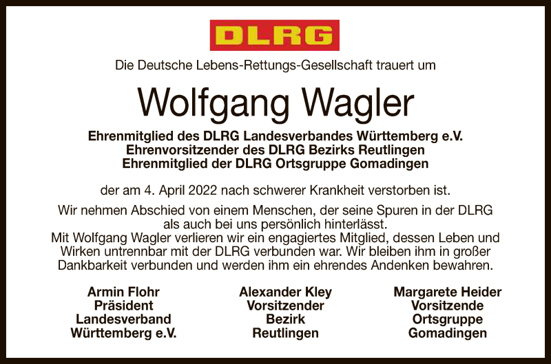 Traueranzeige für Wolfgang Wagler vom 09.04.2022 aus Reutlinger General-Anzeiger